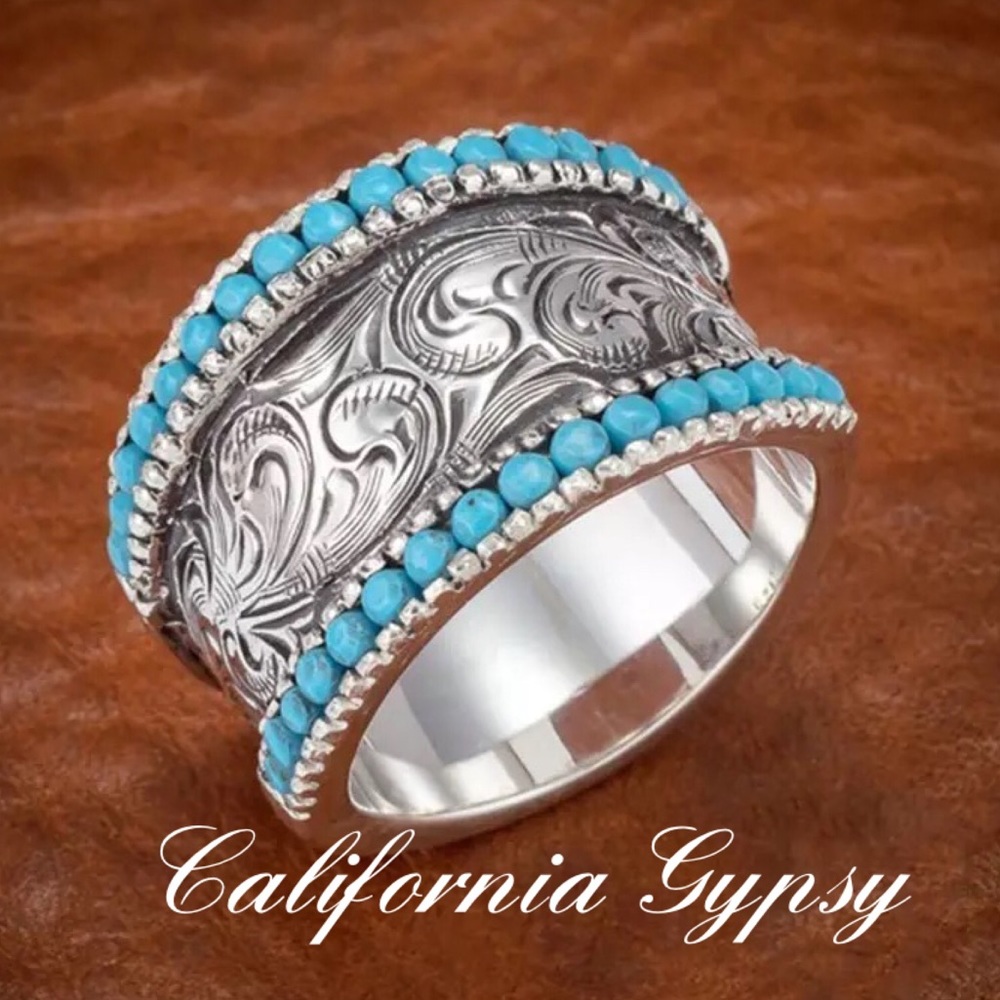 Turquoise Beaded Etched Silver Etched Boho Ring - Picture 2 of 5